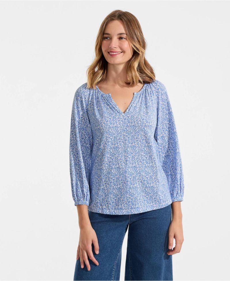 Women's Lightweight Jersey 3/4 Sleeve Notch Neck Gather Blouse
