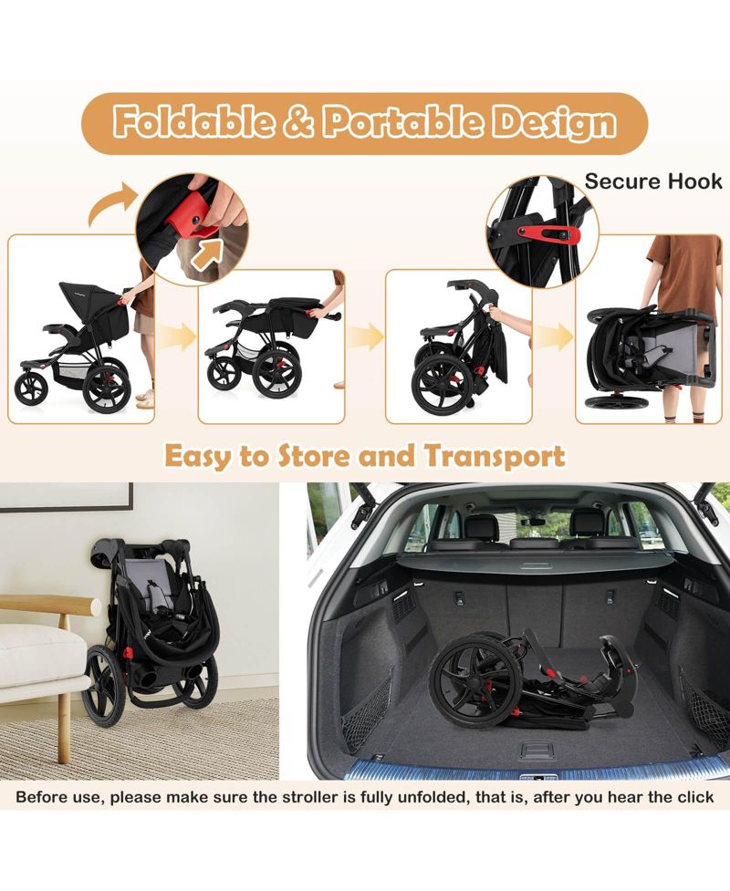 Jogging Stroller Foldable Jogger with Adjustable Canopy Detachable Tray Cup