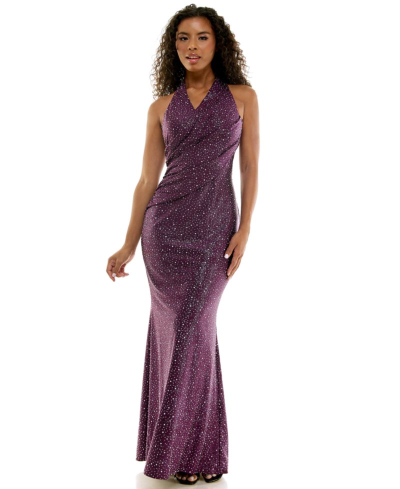 Juniors' Halter Wrap Front Glitter Knit Gown
