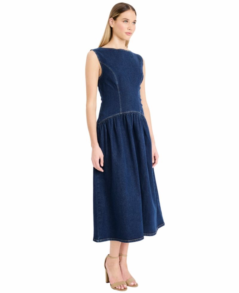 Women's Denim Sleeveless Crewneck Midi Dress