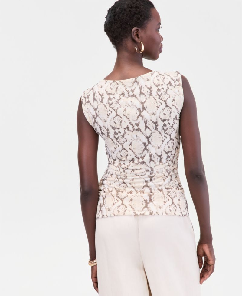 Women's Printed High-Neck Ruched Mesh Tank