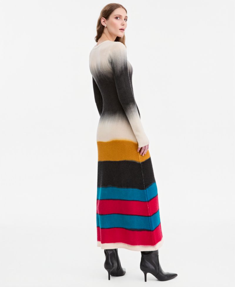 Women's Long-Sleeve Striped Wool-Blend Midi Sweater Dress