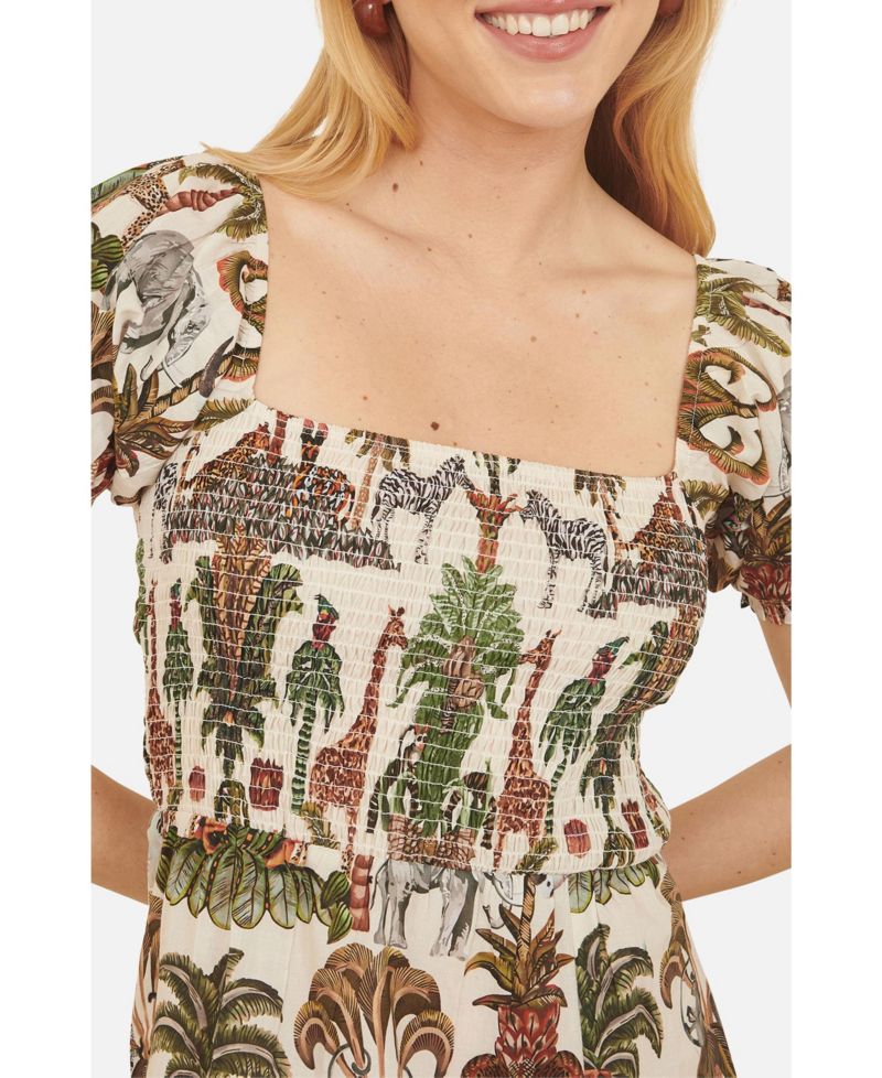 Women's Cotton Safari Print Ruched Midi Dress