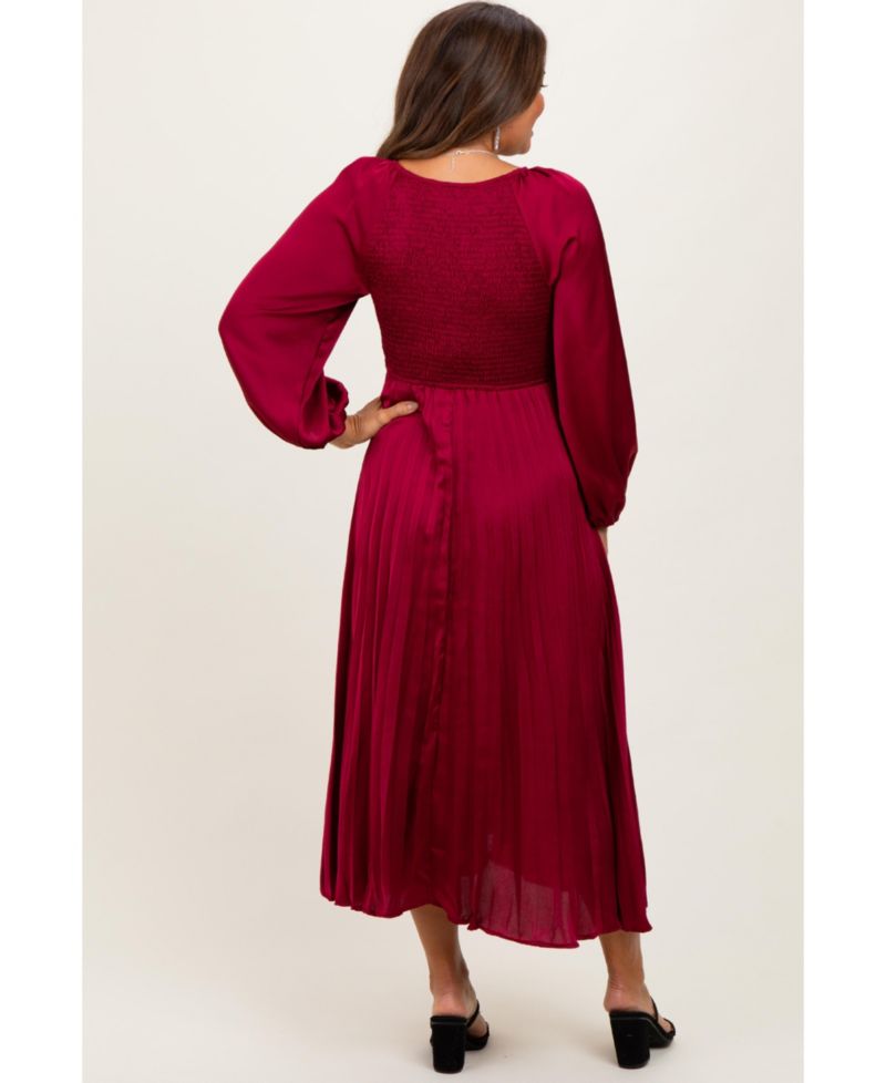 Women's Burgundy Satin Smocked Pleated Midi Dress