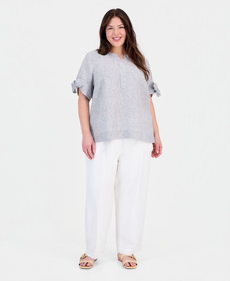 Plus Size 100% Linen Split-Neck Tie-Cuff Top