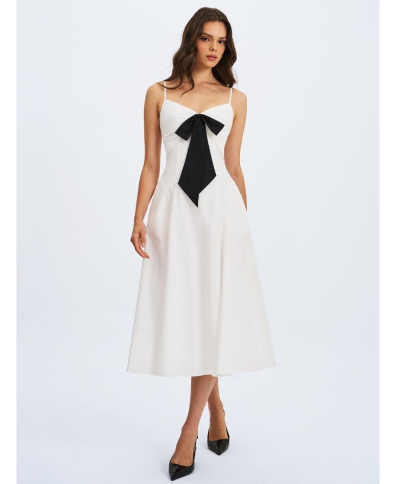 Women's Corinne White Poplin Flared Maxi Dress with Removable Bow