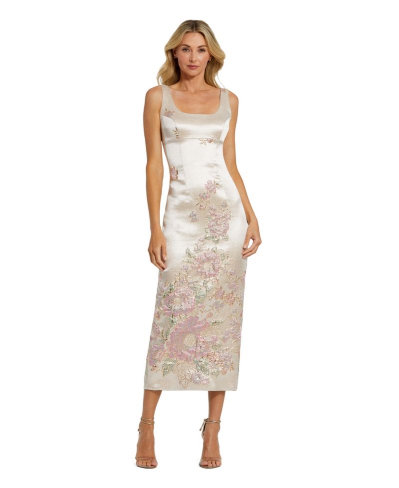 Women's Slim Strap Scoop Neck Bustier Brocade Midi Dress