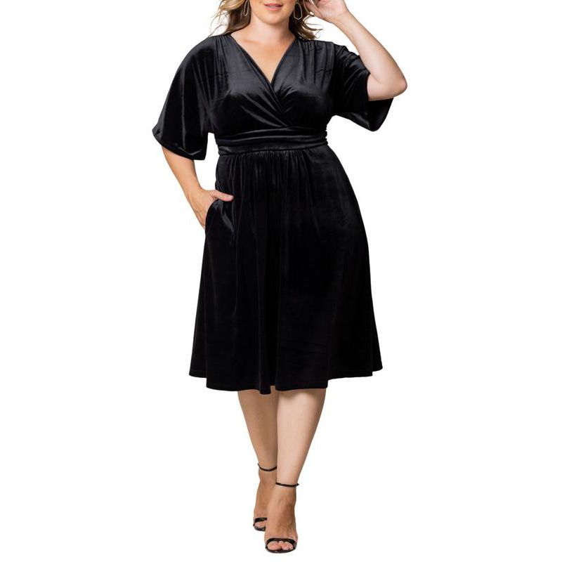 Plus Size Angelic Velvet Midi Cocktail Dress with Pockets