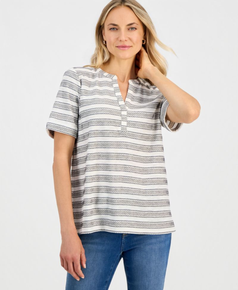 Petite Striped Split-Neck Short-Sleeve Top