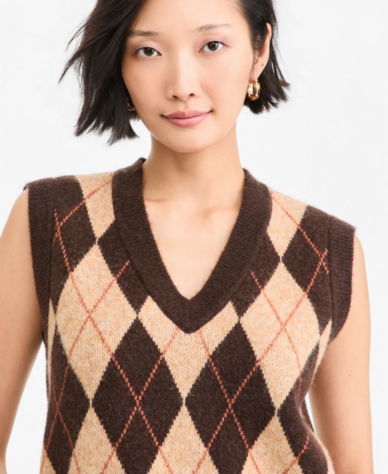 Women's Argyle V-Neck Sleeveless Sweater Vest