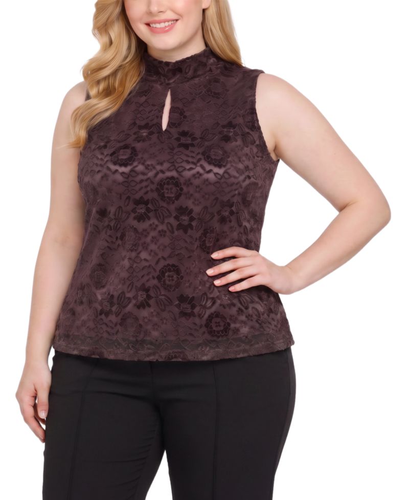 Plus Size Floral-Print Lace Keyhole Tank