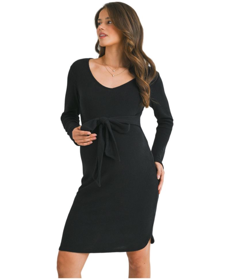 Women's Ribbed Knit Tie-Front V Neck Dress