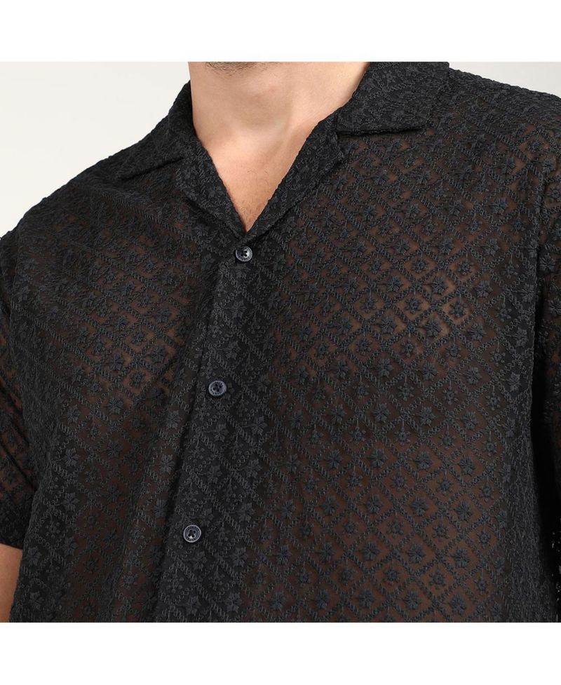 Men's Midnight Black Floral Embroidered Shirt