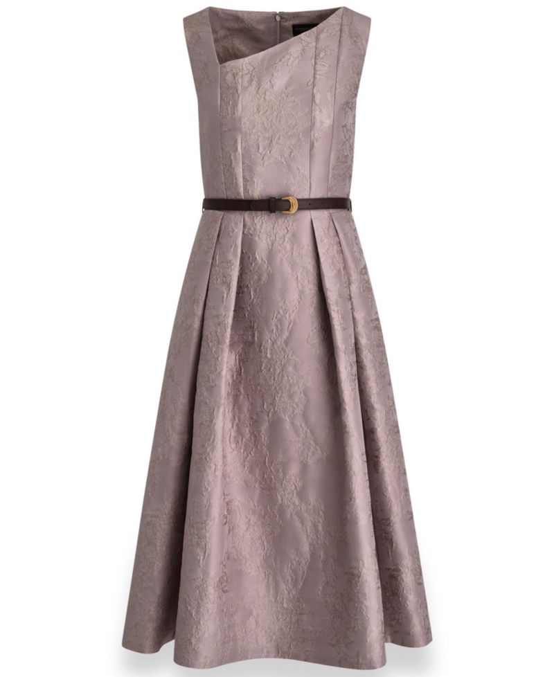 Women's Jacquard Asymmetrical Neck Fit & Flare Dress with Belt