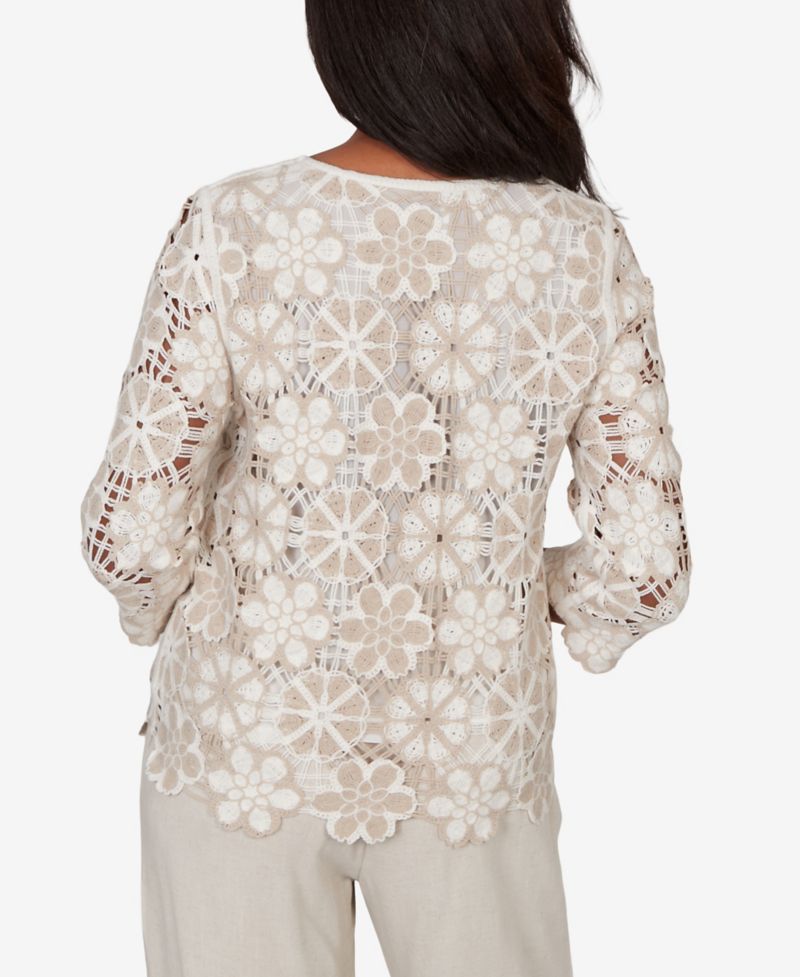 Women's Natural Wonder Floral Crochet Three-Quarter-Sleeve Top