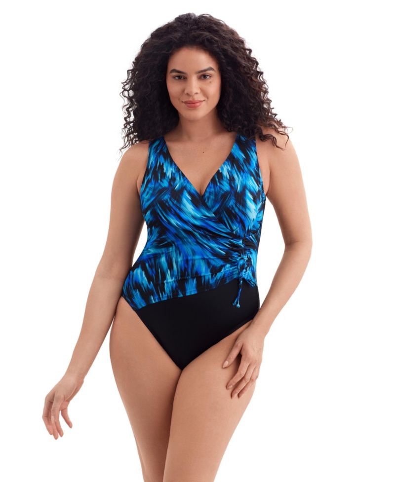 Women's Summer Waves Shirred Faux Tie Surplice Long Torso One-Piece Swimsuit
