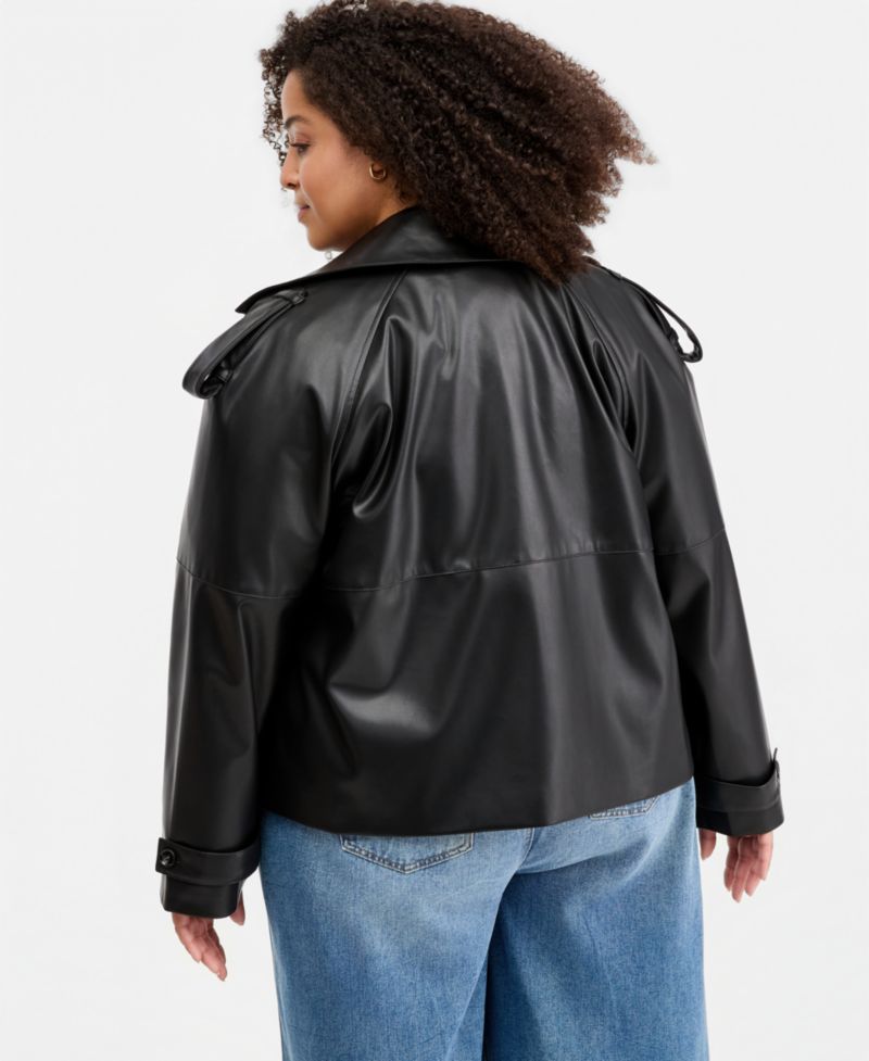 Trendy Plus Size Cropped Double-Breasted Faux-Leather Trench Coat