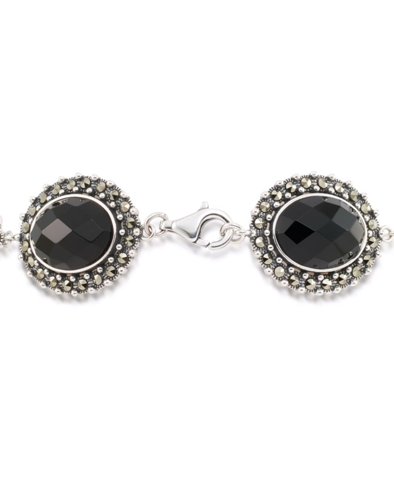 Marcasite and Faceted Onyx Oval 7.25" Link Bracelet in Sterling Silver