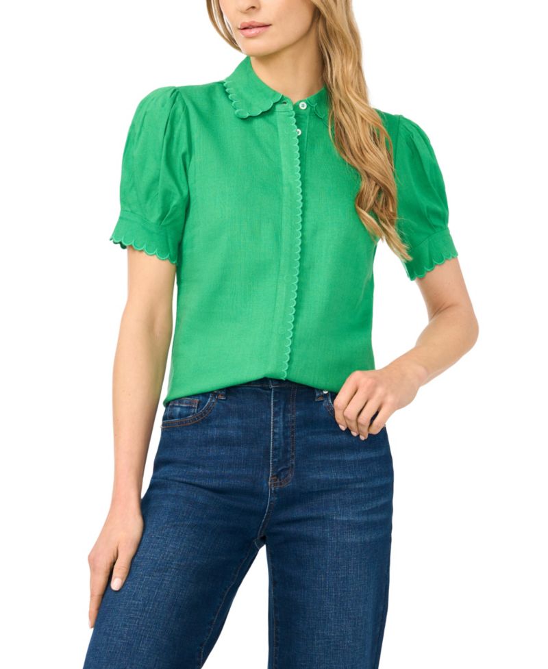 Women's Linen-Blend Short-Sleeve Collared Button-Up Shirt