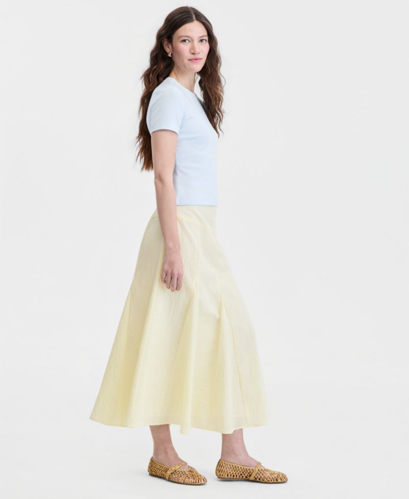 Women's Drop-waist Seersucker Godet Midi Skirt