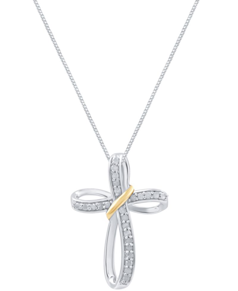 Diamond Cross 18" Pendant Necklace (1/4 ct. t.w.) in Sterling Silver & 14k Gold-Plate