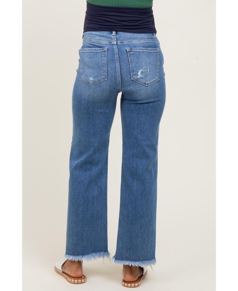 Women's Blue Frayed Hem Ankle Straight Leg Jeans