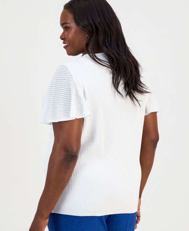 Petite Crewneck Flutter-Sleeve Rib-Knit Sweater