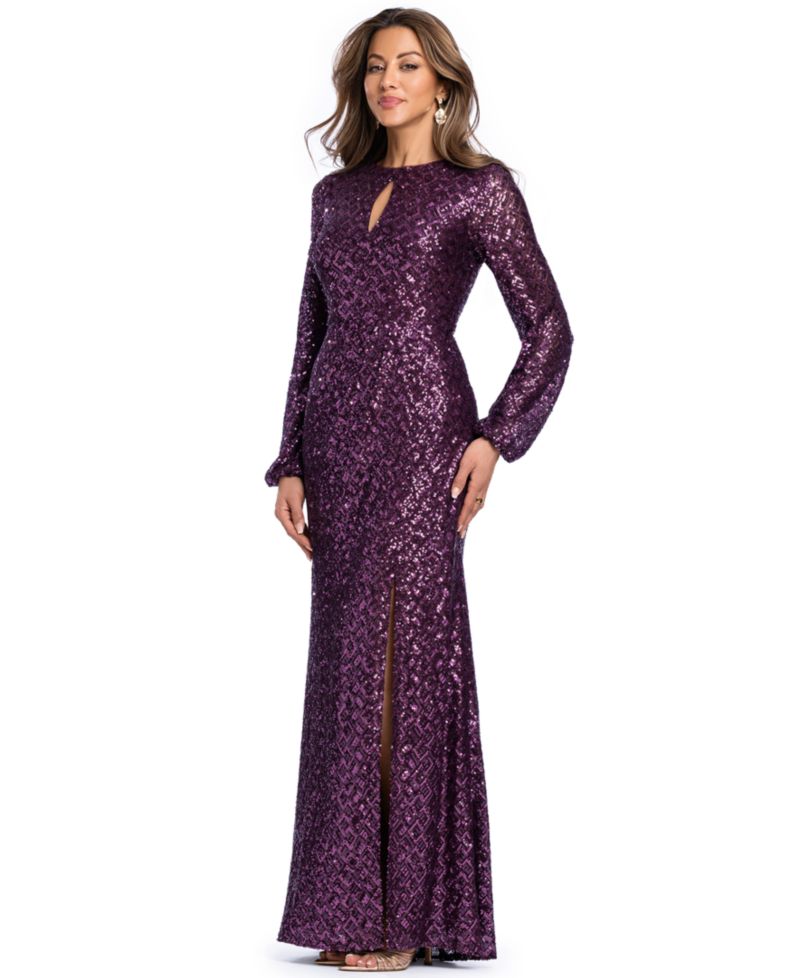 Women's Sequin Long-Sleeve Keyhole Dress