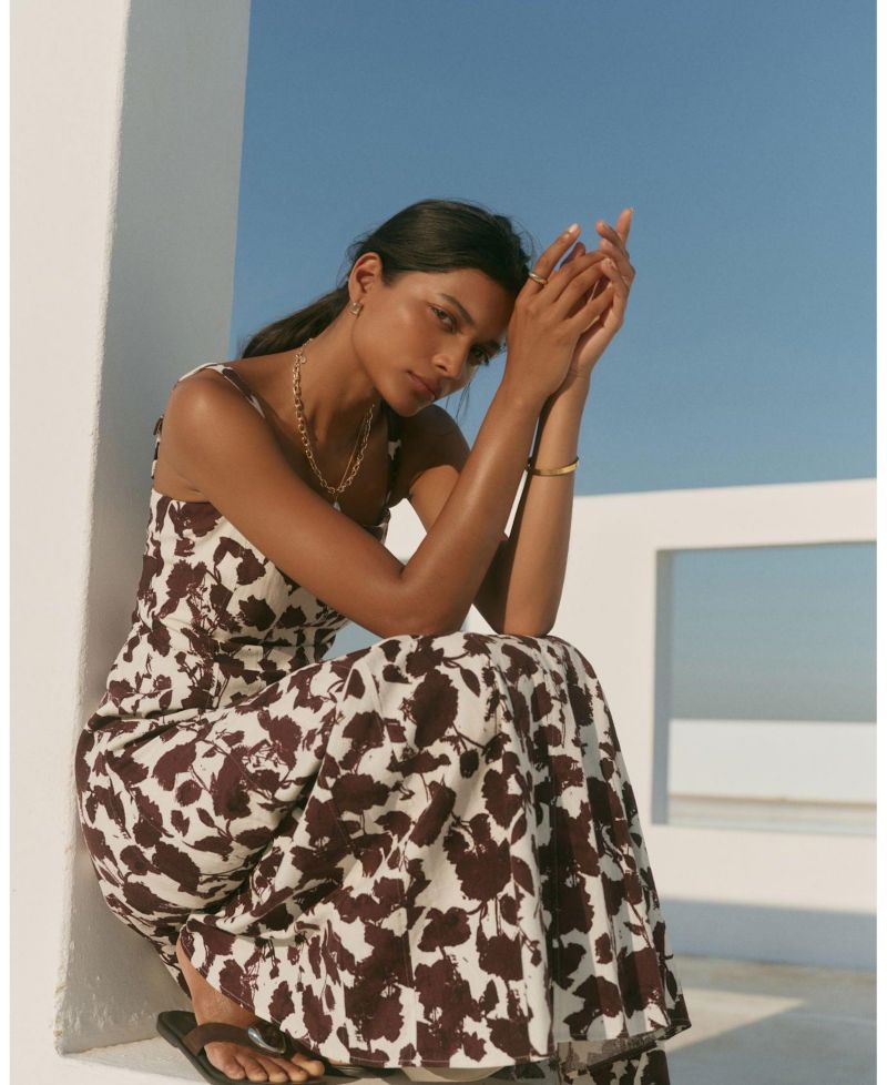 Women's Floral-Print Sleeveless A-Line Linen-Blend Midi Dress