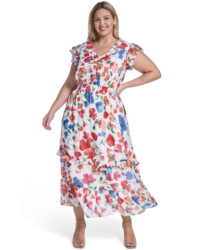Plus Size V-Neck Smocked Waist Midi Dress