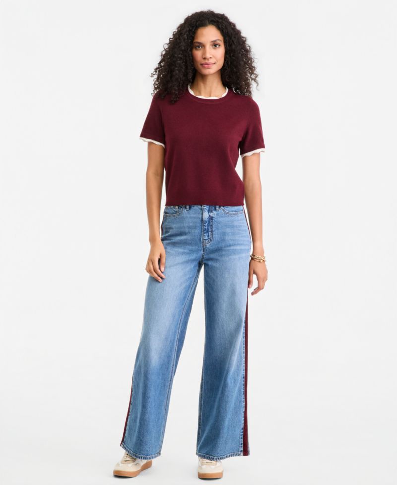Women's High-Waisted Wide-Leg Suede Side-Stripe Jeans, Regular & Short