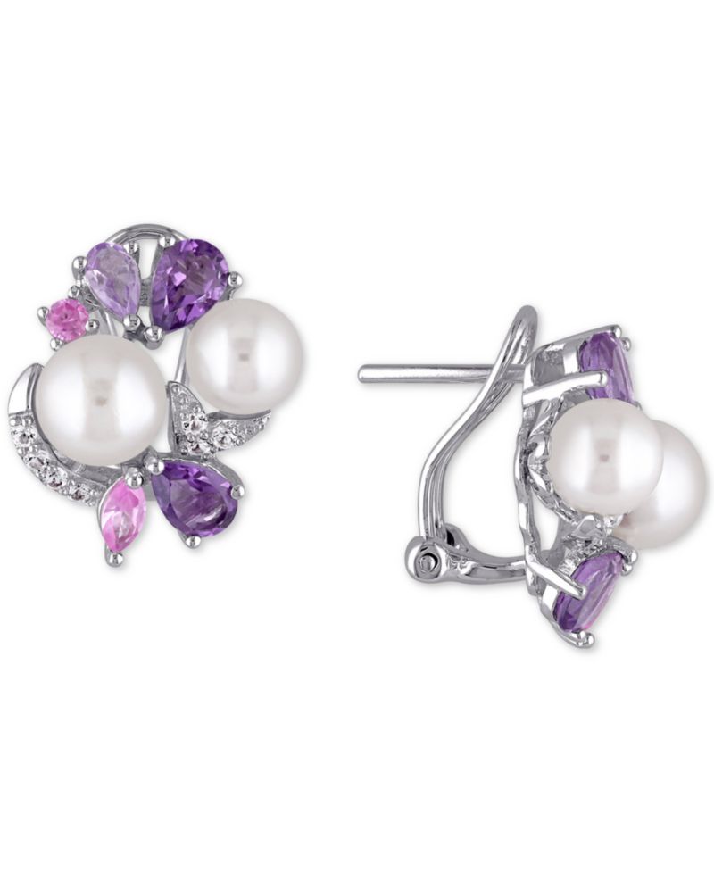 Cultured Freshwater Pearl (6-1/2 & 7-1/2mm) & Multi-Gemstone (1-3/8 ct. t.w.) Cluster 18" Pendant Necklace in Sterling Silver