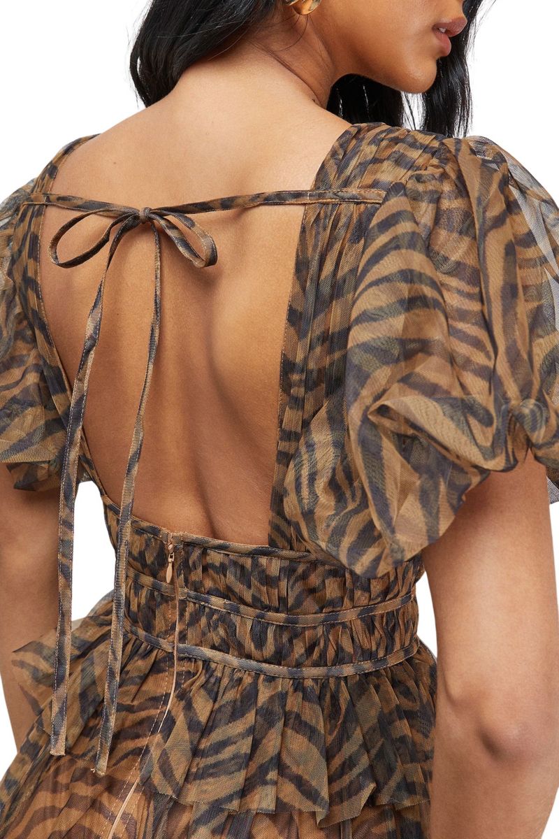 Women's Zebra Print Tulle Ruffle Maxi Dress
