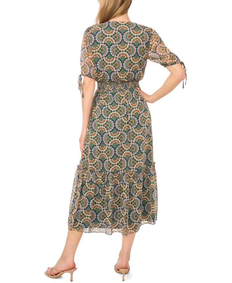 Women's Short-Sleeve V-Neck Smocked-Waist Midi Dress