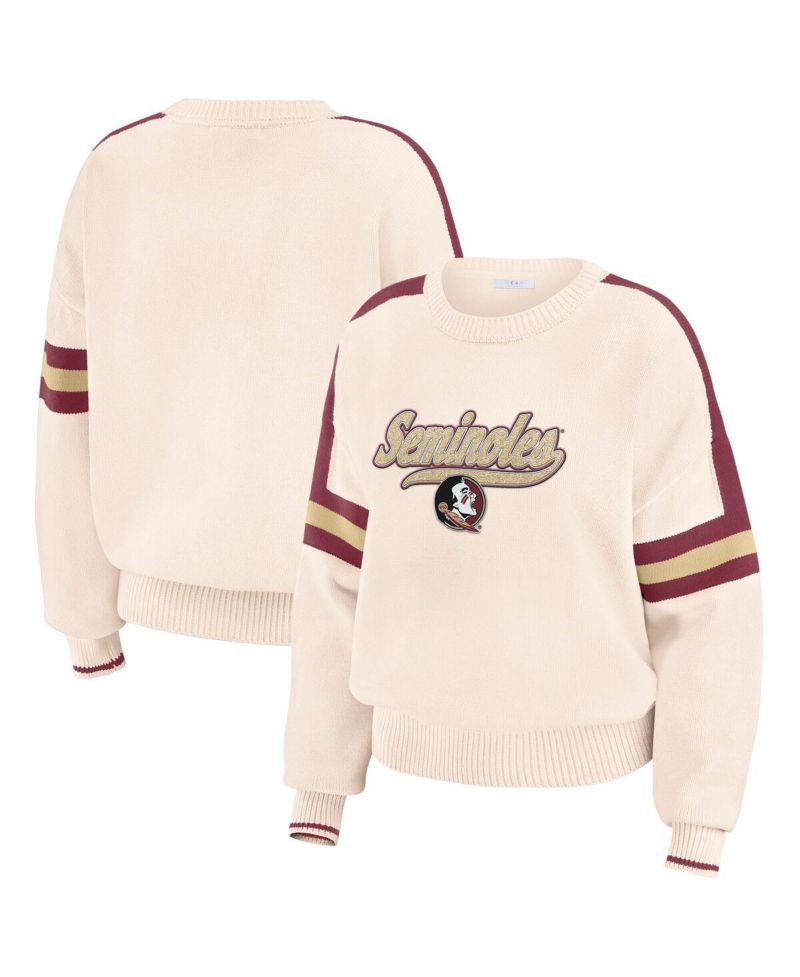 Women's Cream Florida State Seminoles Chenille Woven Patch Stripe Pullover Sweater