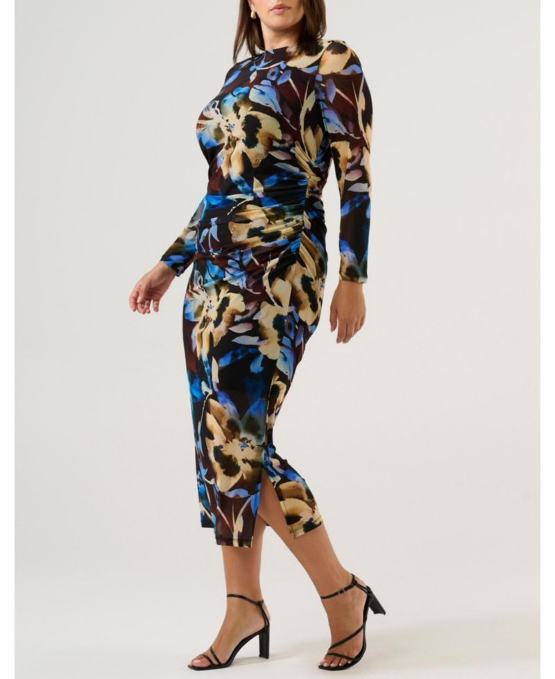 Women's Cleo Floral Mesh Ruched Bodycon Midi Dress