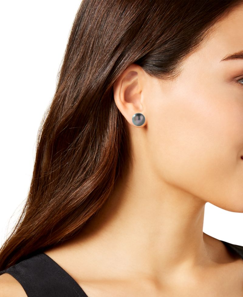 Cultured Tahitian Pearl (8mm) Stud Earrings in 14k White Gold