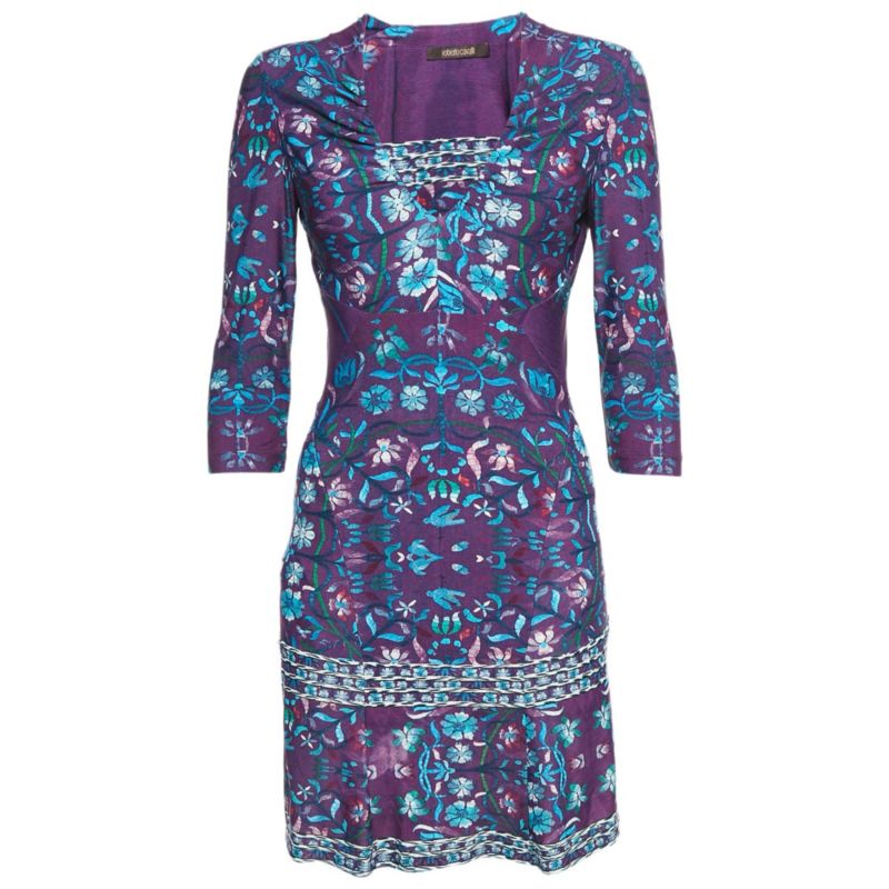 Women's Purple Floral Print Jersey V-Neck Mini Dress