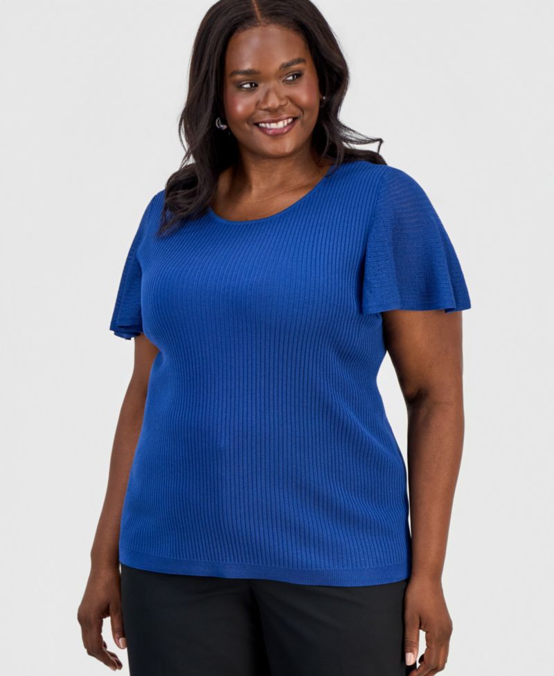 Petite Crewneck Flutter-Sleeve Rib-Knit Sweater