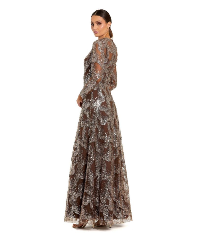 Women's Embellished Mesh Long Sleeve High Neck Gown