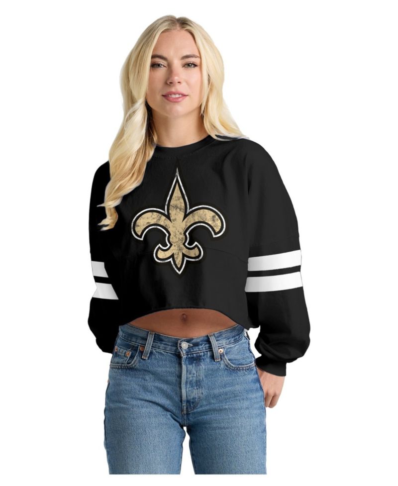 Women's Black New Orleans Saints Oversized Cropped Stripe Long Sleeve T-Shirt