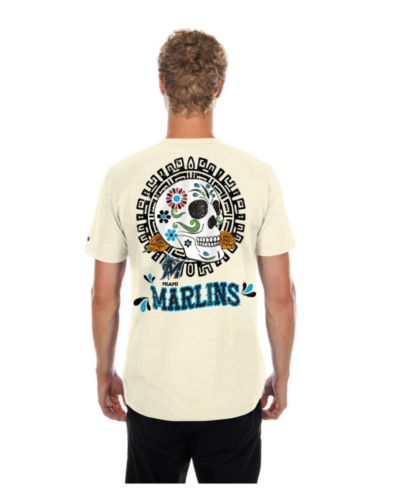 Men's Natural Miami Marlins Dia de los Muertos Sugar Skull T-Shirt
