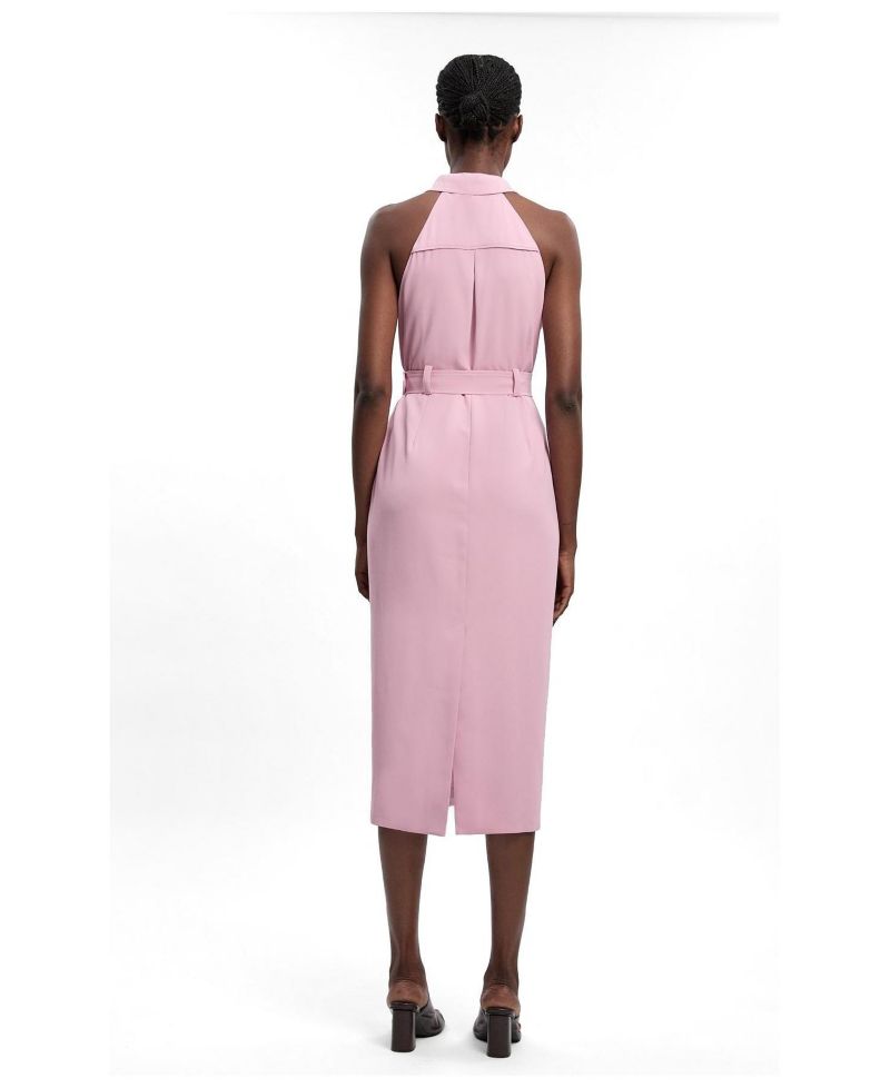 Women's Collard Halter Neck Belted Midi Dress