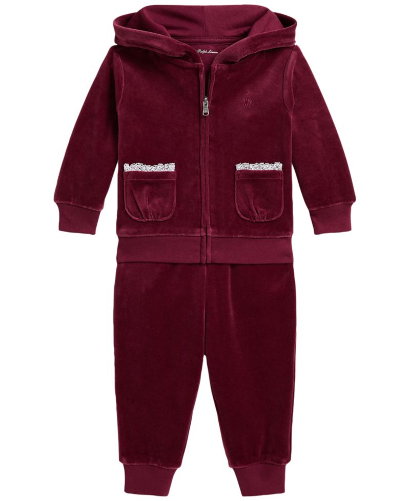 Baby Girls' Lace Trim Velour Long-Sleeve Hoodie and Jogger Pants, 2-Piece Set