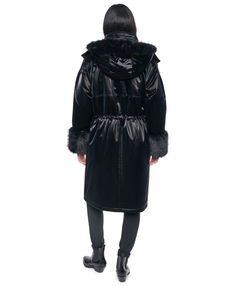 Women's Hooded Knee-Length Faux Fur Cuff Nylon Velvet Coat