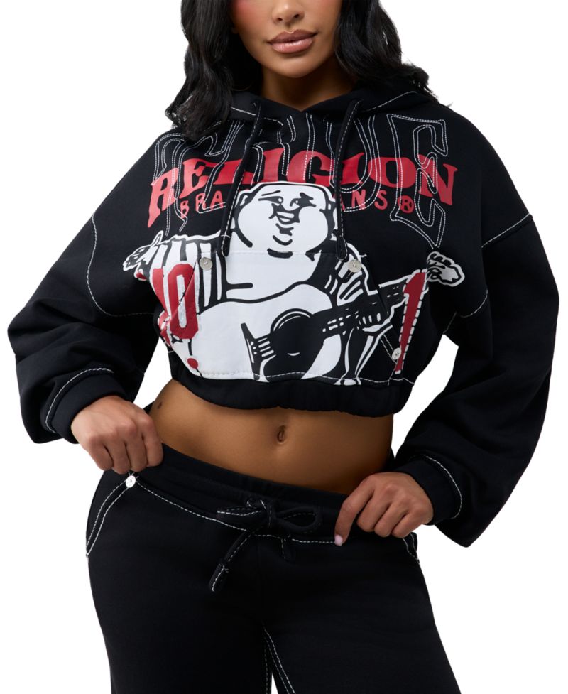 Women's Cropped Graphic Zip-Up Cotton-Blend Long-Sleeve Hoodie