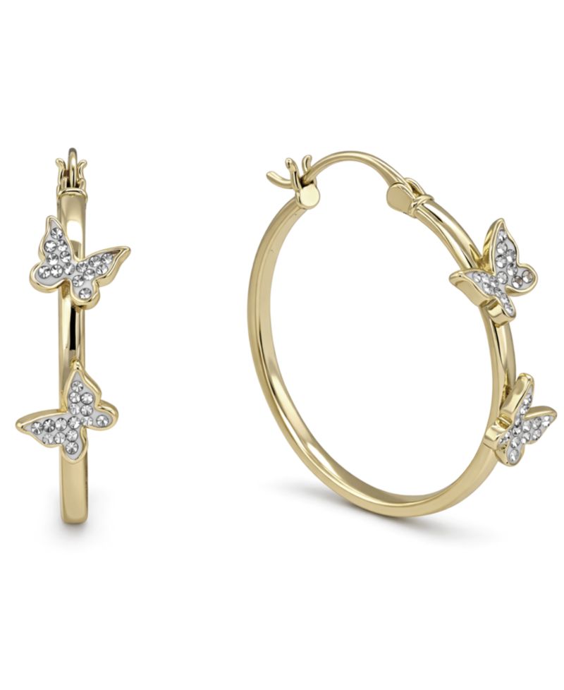 Hoop Earring with Clear Crystal Butterflies in Silver Plate or Gold Plate