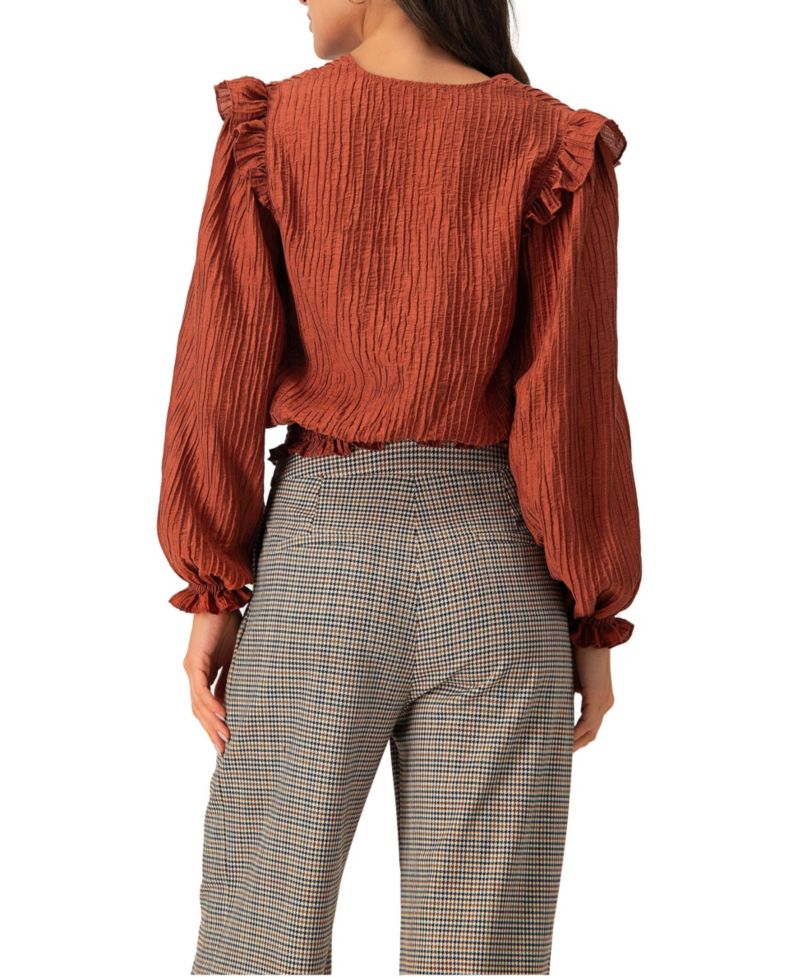 Women's V-Neck Smocked Blouse with Ruffle Sleeves