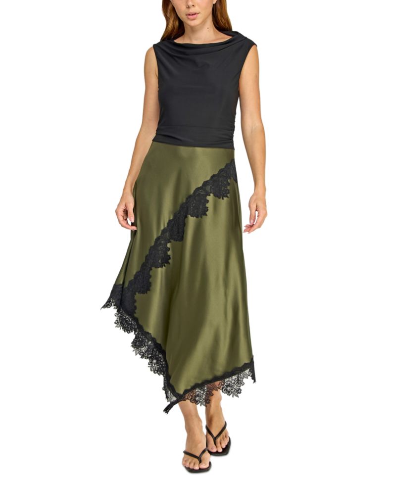 Juniors' Cowl Neck Assymetric Lace Trim Satin Skirt Midi Dress