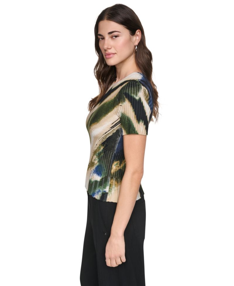 Women's Printed Rib Knit Crewneck Short-Sleeve Sweater